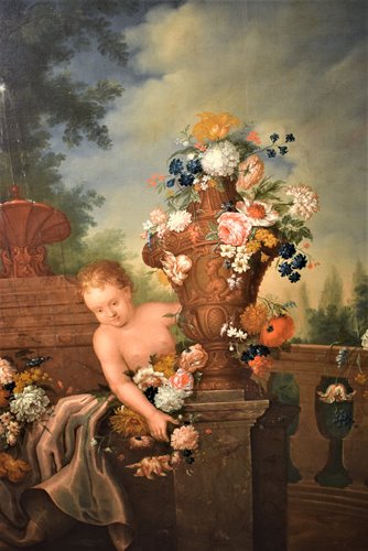 Nature Morte de Fleurs avec Putto et Fontaine dans un  jarden